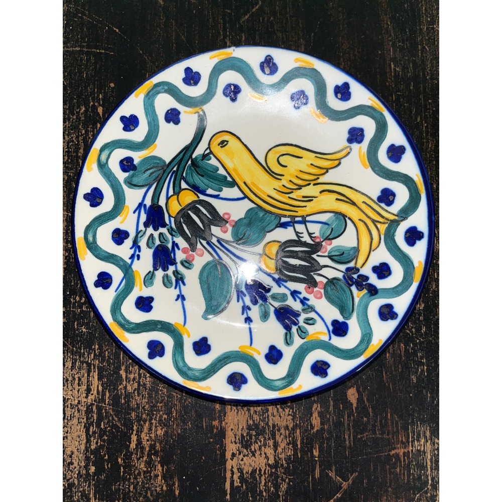 Vintage Hand Painted Ceramic Wall Hanging Plate Yellow Bird Folk Art Signed Djo6